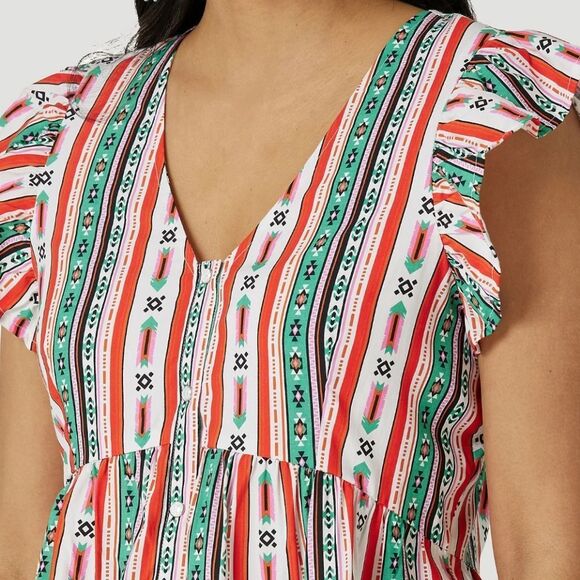 Wrangler Retro Southwestern Short Ruffle Sleeve Pearl Button Down Blouse Medium - Picture 4 of 13